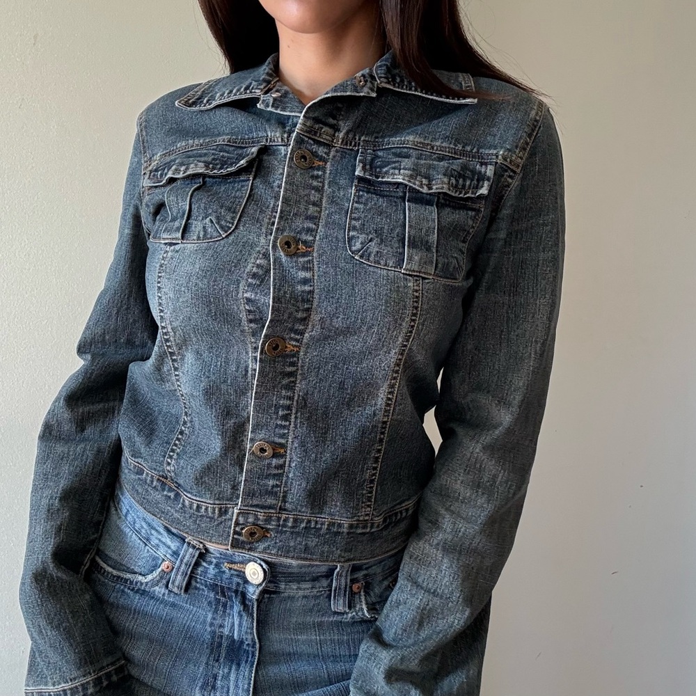 1990s Faded Fitted Denim Jacket -Grunge Y2K Jean Jacket — Small - Picture 1 of 7